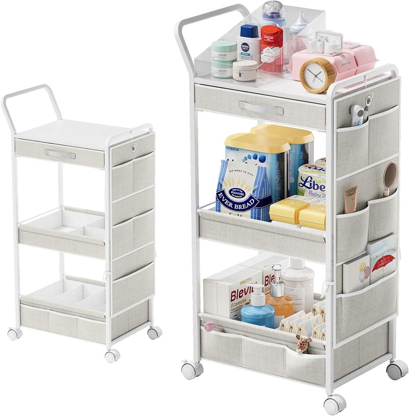 BBLIKE 3-Tier Diaper Caddy Organizer - Rolling Utility Baby Cart with Drawer and Side Pockets for Nursery and Baby Essentials, Multi-Function Cart for Bedroom and Bathroom, White - Image 1